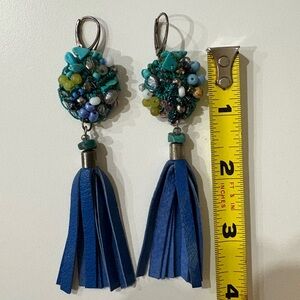 Blue Bead & Leather Tassel Earrings (Silver Hooks)